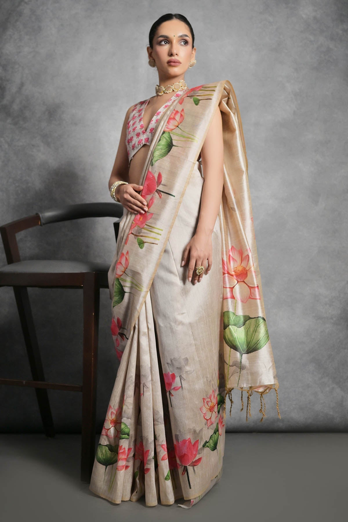Buy Designer Cream Lotus Print Saree Online